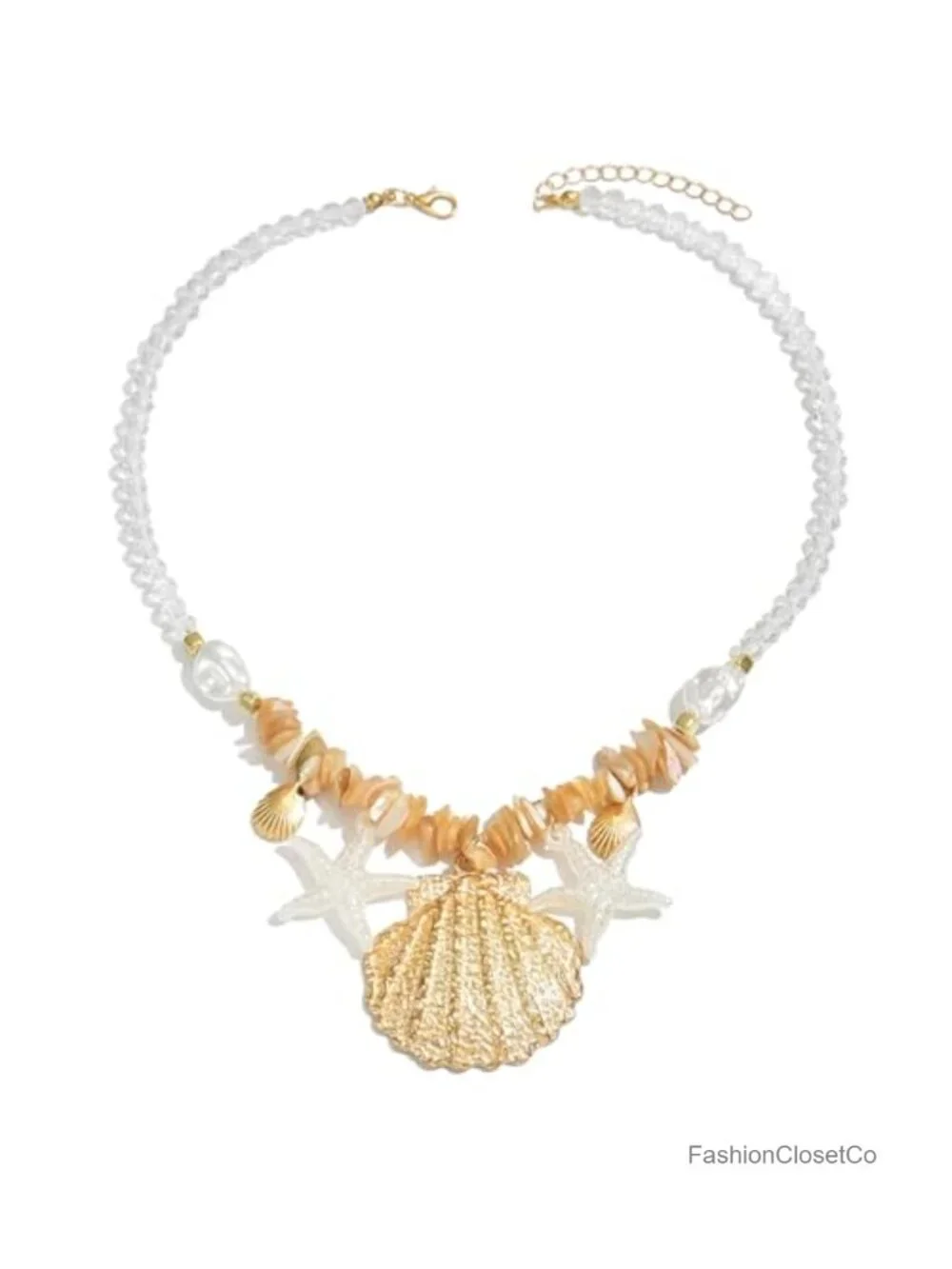 Gold Seashell Necklace Women Summer Beach Jewelry with Crystal Pearls